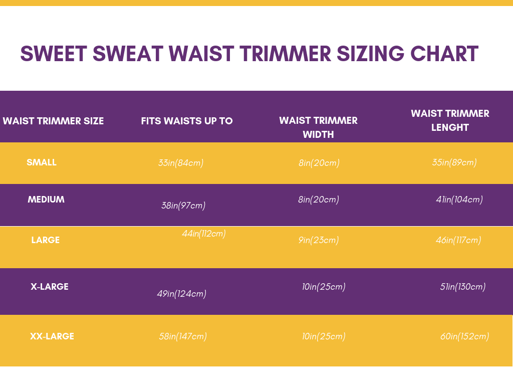 Sweet Sweat waist trimmer belt sizing chart