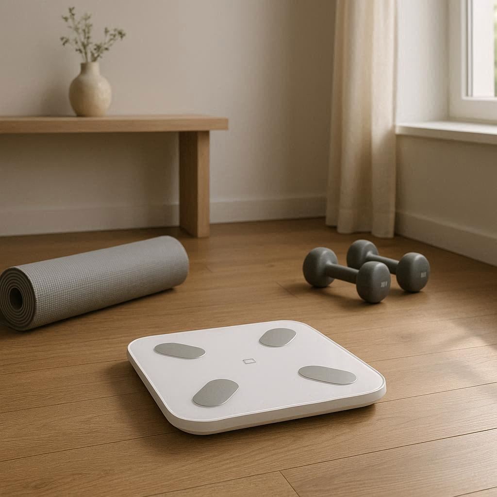 A modern minimalist bathroom with a sleek smart scale