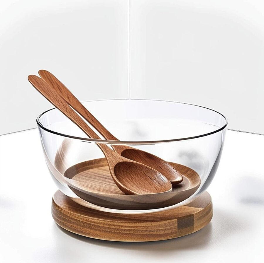 Salad Bowls with Acacia Wood Base and Serving Utensils