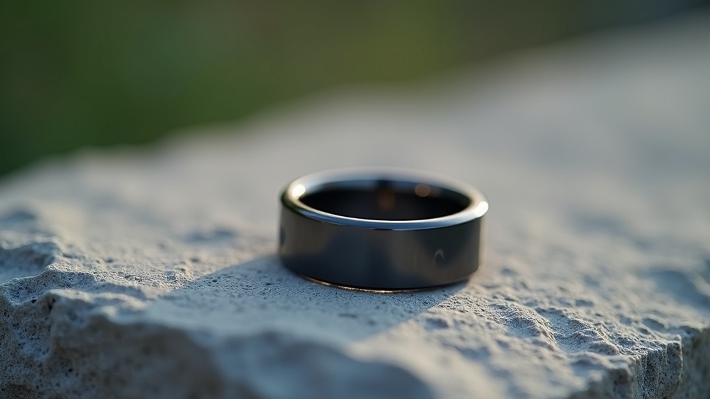 A close-up of a modern smart ring on a stone surface, with soft lighting reflecting metallic and sensor finishes. No humans are visible.