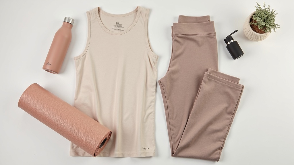 Alo Yoga clothing arranged flat on a minimal background with essential accessories like yoga mats and water bottles. Neutral tones and soft textures suggest comfort and style.