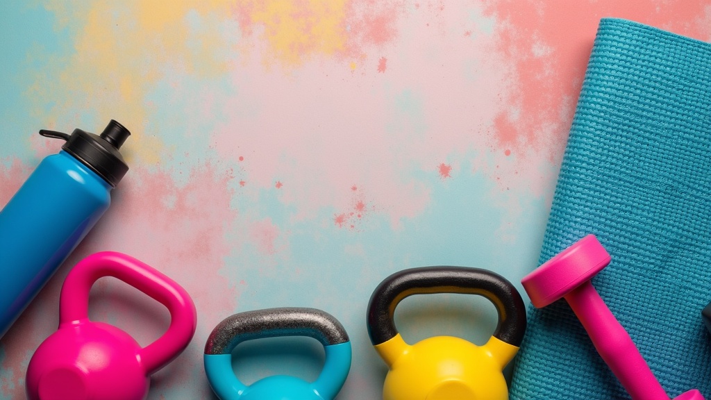 colorful-workout-gear-exercise-mat-kettlebells-water-bottle-dumbbells ...