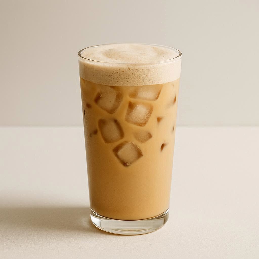 A glass of iced vanilla protein latte