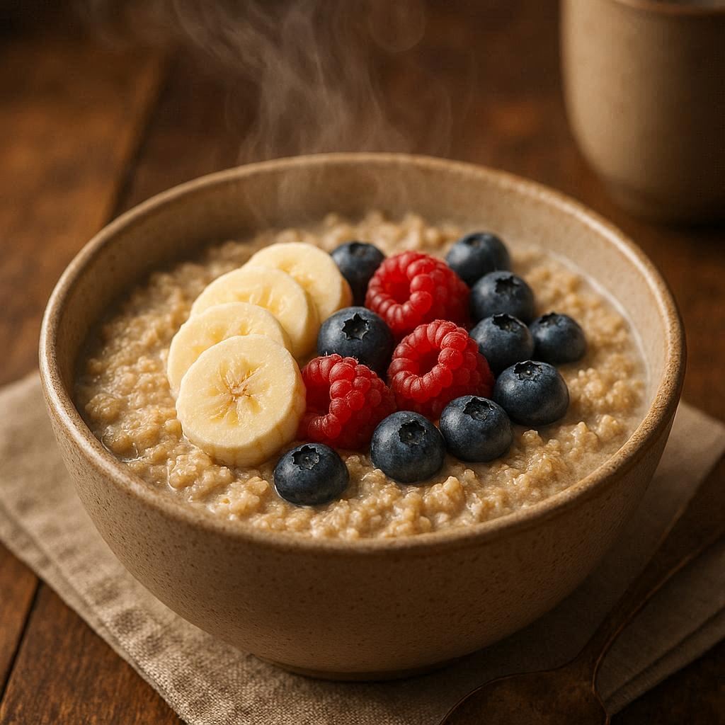 A warm bowl of oatmeal mixed with vanilla protein powder