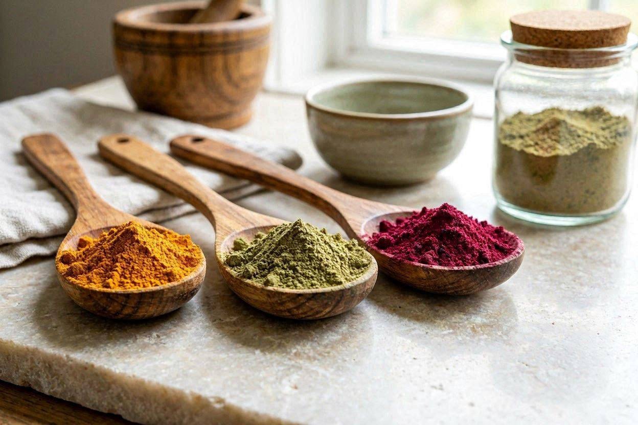 adaptogen powders in wooden spoons
