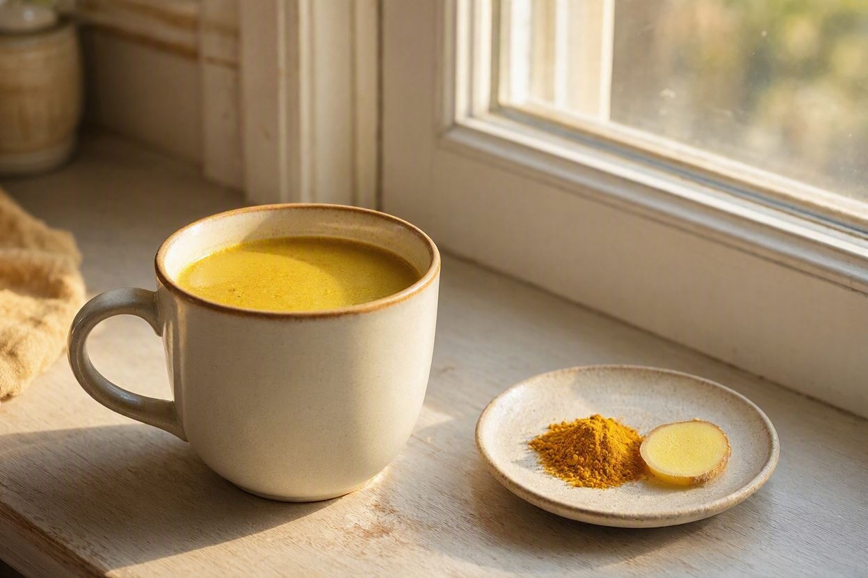 golden turmeric coffee mug windowsill