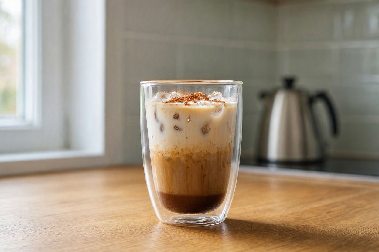 iced cinnamon oat milk latte layered